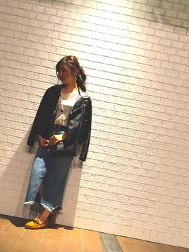 「GU（ジーユー）のアイテム（ライダースジャケット、ブラック系）」を使った、えぃちゃんさん（レディース・153cm）の秋コーディネート