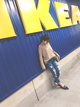 「UNIQLO（ユニクロ）のスフレヤーンモックネックセーター（長袖）セットアップ可能（ニット/セーター、ベージュ系）」を使った、えぃちゃんさん（レディース・153cm）の冬コーディネート