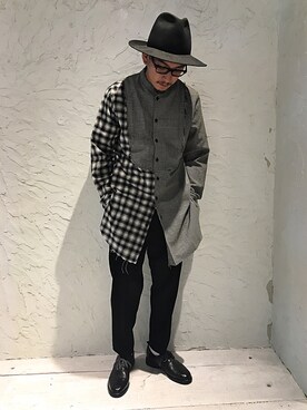 「ISAMU KATAYAMA BACKLASH（イサムカタヤマバックラッシュ）のアイテム（ハット）」を使った、上ノ山 寛瑛さん（メンズ・172cm）の秋コーディネート
