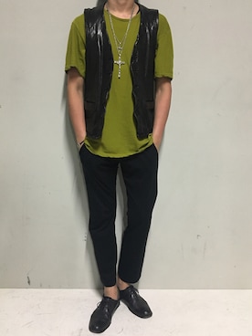 「ISAMU KATAYAMA BACKLASH（イサムカタヤマバックラッシュ）のアイテム（ベスト）」を使った、上ノ山 寛瑛さん（メンズ・172cm）の夏コーディネート