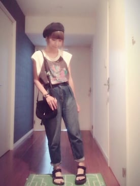 「Tシャツ×デニム」｜「アイテム（ハンチング/ベレー帽）」を使った、tomo₊˚ ୨୧さん（レディース・155cm）の夏コーディネート