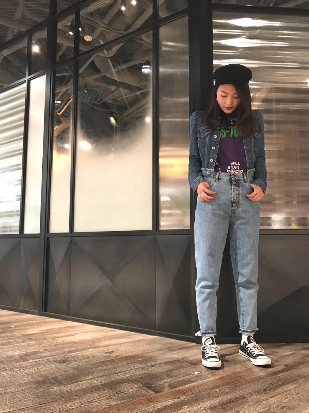 「ディーゼル、ディーゼル渋谷、Diesel、デニム、デニムから始まったライフスタイルブランド、デニムはやっぱりディーゼル、デニムパンツ、デニムジャケット、パフスリーブ、デニムオンデニム」｜「DIESELの00S8200TARF（デニムジャケット、ブルー系）」を使った、nanaさん（レディース・167cm）の冬コーディネートの1枚目の写真