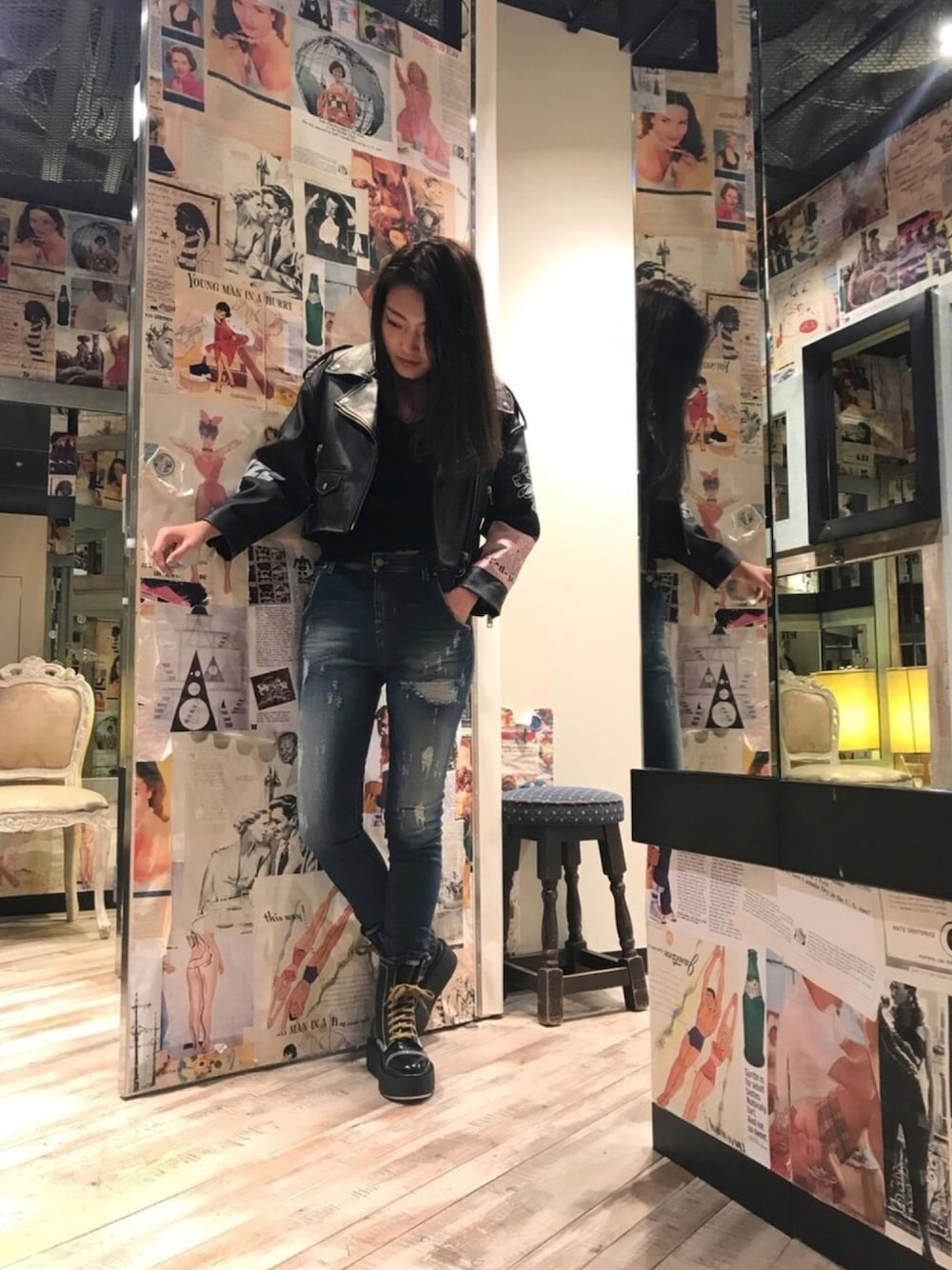 「デニム、ディーゼル、Diesel、denim、dieselshibuya、デニムから始まったライフスタイルブランド、デニムはやっぱりディーゼル、レザージャケット、ブーツ、秋のコーデ」｜「DIESELのアイテム（ジャケット/アウター、ブラック系）」を使った、nanaさん（レディース・168cm）の夏コーディネートの1枚目の写真