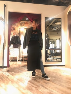 「ディーゼル」｜「アイテム（ライダースジャケット）」を使った、nanaさん（レディース・168cm）の秋コーディネート