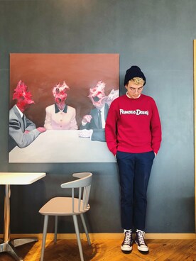 「シャツ×スウェット」｜「アイテム（帽子）」を使った、Thales/タレスさん（メンズ・178cm）の冬コーディネート