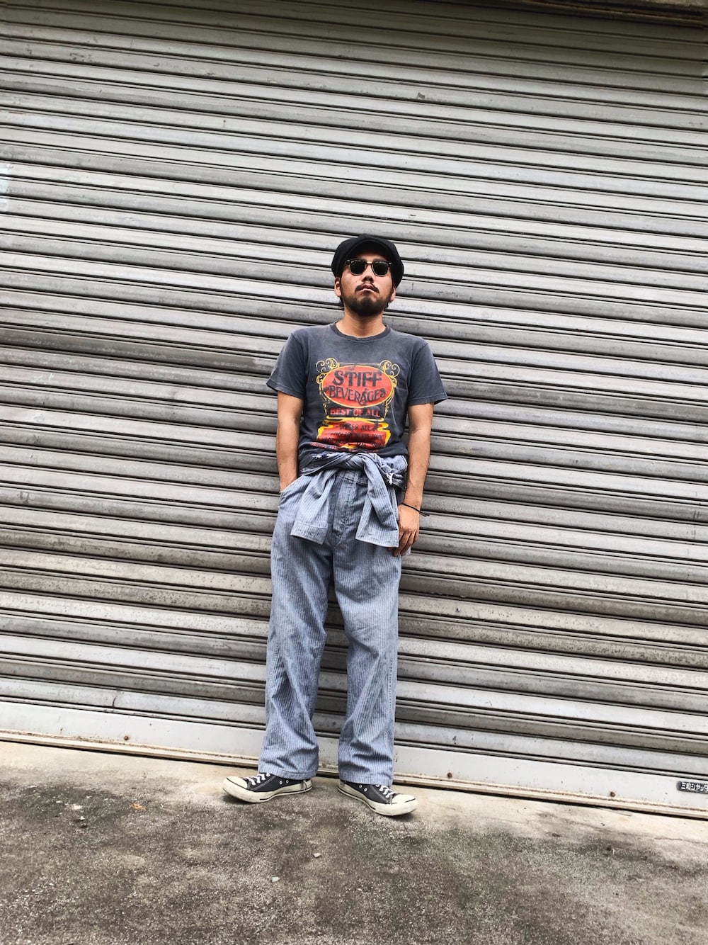 「シンプル、夏、アメカジ、ワーク、VINTAGE、古着、古着MIX、Tシャツ、つなぎ、オールインワン」｜「STIFFの2008s/s（Tシャツ/カットソー、ブラック系）」を使った、Ri Maさん（メンズ・171cm）の夏コーディネートの1枚目の写真