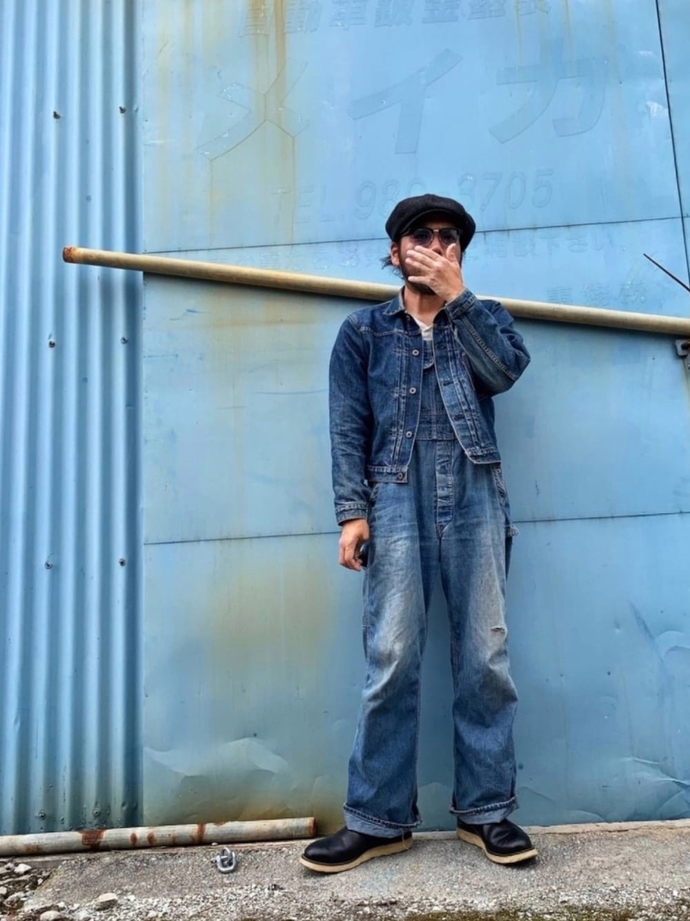 「平成最後のWEARISTAセンバツ、VINTAGE、vintage style、アメカジ、デニムオンデニム、デニムジャケット、オーバーオール、キャスケット、ペコスブーツ、ビッグシルエット」｜「Levi'sの高2〜3に買った94年大戦復刻（デニムジャケット、ブルー系）」を使った、Ri Maさん（メンズ・171cm）の春コーディネートの1枚目の写真