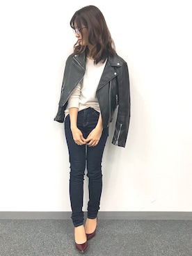 「アイテム（ライダースジャケット）」を使った、ももこさん（レディース・158cm・20代）の春コーディネート