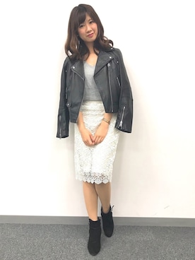 「アイテム（ライダースジャケット）」を使った、ももこさん（レディース・158cm・20代）の春コーディネート