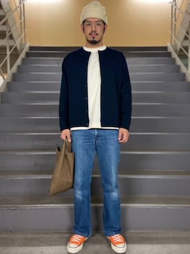 「アイテム（ニットキャップ/ビーニー、ホワイト系）」を使った、菅原 大翔さん（メンズ・173cm）の冬コーディネート