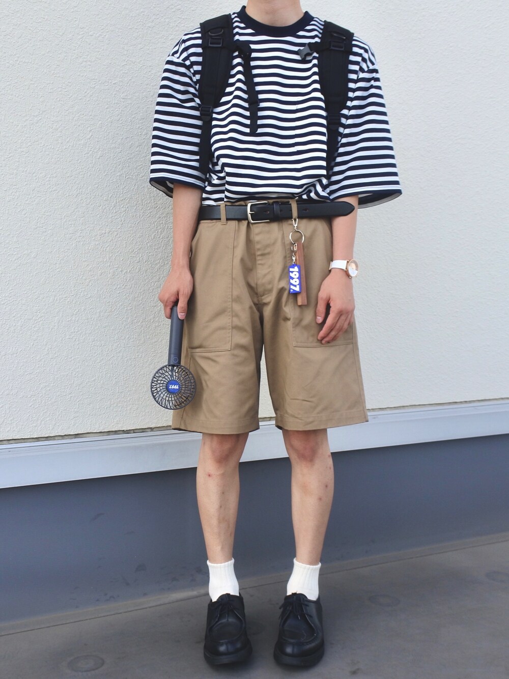 「ゆるコーデ、夏のボーダーフェス、お洒落さんとつながりたい、ootd、大人カジュアル、夏コーデ、きれいめカジュアル、革靴、リュック、タックイン」｜「COTORICAのポンチボーダーBigT（Tシャツ/カットソー、ブラック系）」を使った、ゆゆさん（メンズ・170cm）の夏コーディネートの1枚目の写真