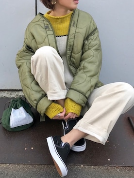 「春ニット」｜「アイテム（ノーカラージャケット）」を使った、Kumika☆さん（レディース・158cm）の冬コーディネート