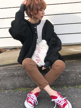 「赤コンバース」｜「アイテム（その他アウター）」を使った、Kumika☆さん（レディース・158cm）の冬コーディネート