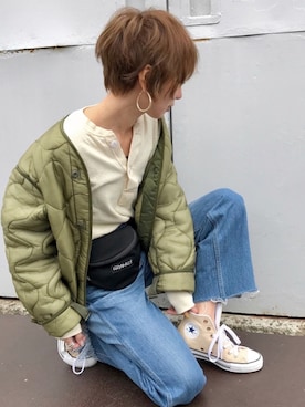 「フリンジデニム」｜「アイテム（ノーカラージャケット）」を使った、Kumika☆さん（レディース・158cm）の冬コーディネート