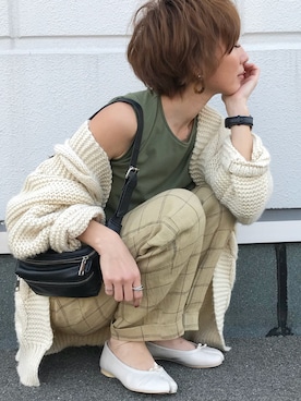 「TODAYFUL（トゥデイフル）のリネンチェックパンツ（その他パンツ）」を使った、Kumika☆さん（レディース・158cm）の春コーディネート