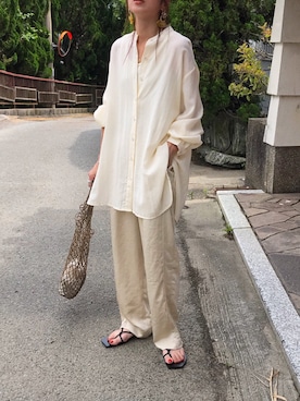 「サテンパンツ」｜「アイテム（ビーチサンダル）」を使った、Kumika☆さん（レディース・158cm）の夏コーディネート