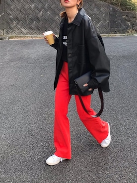「春めきシューズ」｜「アイテム（ライダースジャケット）」を使った、Kumika☆さん（レディース・158cm）の春コーディネート