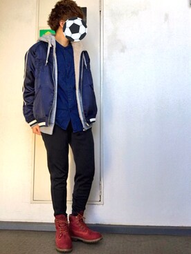 「Timberland（ティンバーランド）のアイテム（ブーツ、レッド系）」を使った、永瀬さん（メンズ・160cm・20代）の春コーディネート