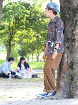 「EDWIN（エドウィン）のアイテム（帽子）」を使った、永瀬さん（メンズ・160cm）の春コーディネート