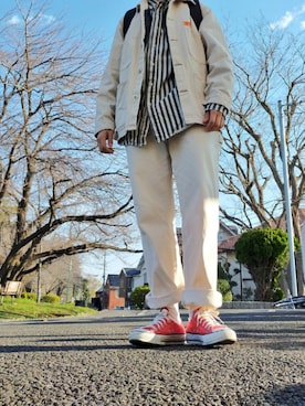 「アイテム（カバーオール、ホワイト系）」を使った、永瀬さん（メンズ・160cm）の春コーディネート