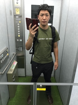 「BOKU HA TANOSII（ボク　ハ　タノシイ）のアイテム（Tシャツ/カットソー、グリーン系）」を使った、Nさん（メンズ・167cm）の夏コーディネート
