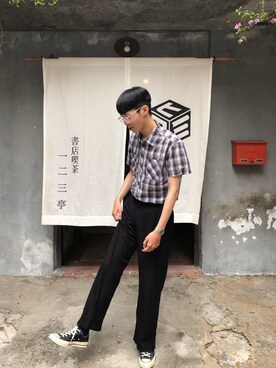 「アイテム（メガネ、ホワイト系）」を使った、🍊hongさん（メンズ・178cm）の春コーディネート