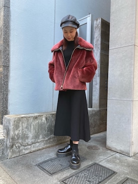 「ファーコート」｜「アイテム（キャスケット）」を使った、yuriさん（レディース・153cm）の秋コーディネート