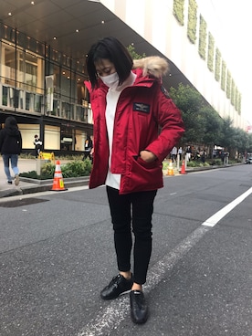 「アイテム（ミリタリージャケット、レッド系）」を使った、1470さん（レディース・158cm）の秋コーディネート