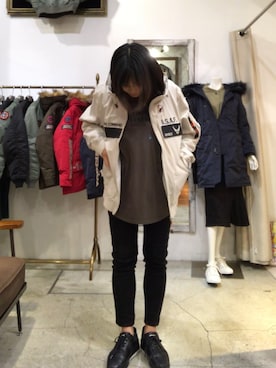 「アイテム（ミリタリージャケット、グレー系）」を使った、1470さん（レディース・158cm）の冬コーディネート