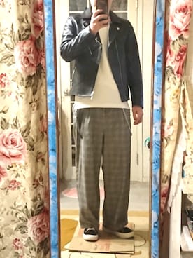 「グレンチェック」｜「アイテム（ライダースジャケット）」を使った、こうじ@プチプラさん（メンズ・172cm）の春コーディネート