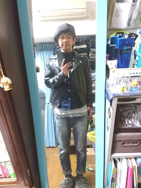 「ベレー帽推奨委員会」｜「アイテム（ライダースジャケット）」を使った、キヨキヨさん（メンズ・167cm）の春コーディネート
