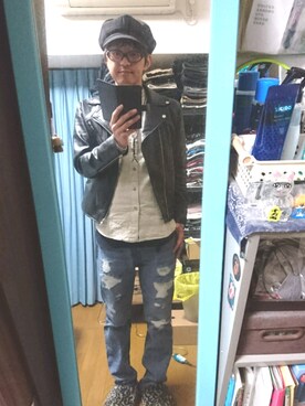 「ベレー帽推奨委員会」｜「アイテム（ライダースジャケット）」を使った、キヨキヨさん（メンズ・167cm）の春コーディネート