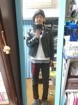 「ベレー帽推奨委員会」｜「アイテム（ライダースジャケット）」を使った、キヨキヨさん（メンズ・167cm）の春コーディネート
