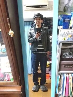 「ベレー帽推奨委員会」｜「アイテム（ライダースジャケット）」を使った、キヨキヨさん（メンズ・167cm）の秋コーディネート