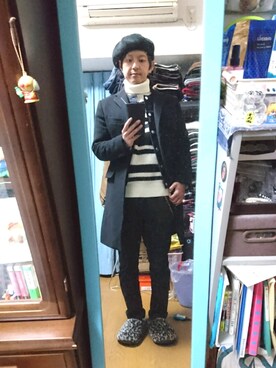 「ベレー帽推奨委員会」｜「アイテム（チェスターコート）」を使った、キヨキヨさん（メンズ・167cm）の冬コーディネート