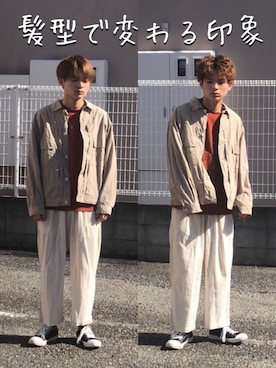 「UNIQLO（ユニクロ）のエアリズムコットンオーバーサイズTシャツ（5分袖）（Tシャツ/カットソー）」を使った、間井谷　勇生【大阪美容師】さん（メンズ・169cm）の秋コーディネート