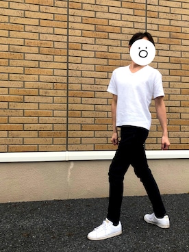 「AZUL by moussy（アズールバイマウジー）のジャガードパイルVネック半袖T（Tシャツ/カットソー、ホワイト系）」を使った、Yu☺︎さん（レディース・148cm）の夏コーディネート