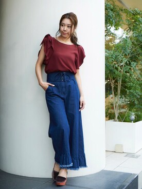 「Supreme.La.La.（シュープリームララ）のアイテム（パンツ）」を使った、Harei Arakawaさん（レディース・168cm）の夏コーディネート