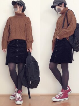 「earth music&ecology（アースミュージックアンドエコロジー）の・コーデュロイミニタイトスカート（スカート）」を使った、haruさん（レディース・162cm）の秋コーディネート