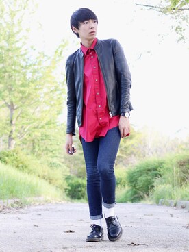 ライダースジャケットを使った 赤シャツ のメンズ人気ファッションコーディネート Wear