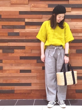 「coen（コーエン）のフレンチリネンバックリボンブラウス（シャツ/ブラウス、イエロー系）」を使った、coen  あんどうさん（レディース・163cm）の春コーディネート