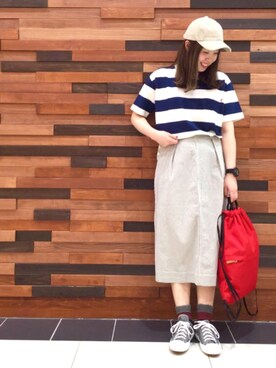 「coen（コーエン）のUSAコットンワイドボーダーTシャツ（Tシャツ/カットソー、ブルー系）」を使った、coen  あんどうさん（レディース・163cm）の春コーディネート