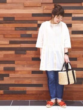 「coen（コーエン）の【Market】ストライプワンピース（ワンピース、ベージュ系）」を使った、coen  あんどうさん（レディース・163cm）の春コーディネート