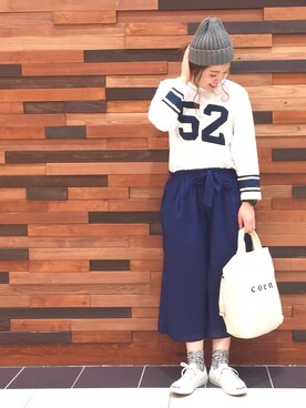 「coen（コーエン）のUSAコットンナンバリングフットボール８分袖カットソー（Tシャツ/カットソー、ホワイト系）」を使った、coen  あんどうさん（レディース・163cm）の春コーディネート