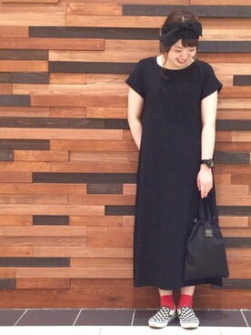 「coen（コーエン）のスラブマキシワンピース（ワンピース、ブラック系）」を使った、coen  あんどうさん（レディース・163cm）の春コーディネート