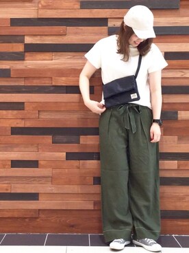 「coen（コーエン）の●●フライスボートネックTシャツ（Tシャツ/カットソー、ホワイト系）」を使った、coen  あんどうさん（レディース・163cm）の夏コーディネート