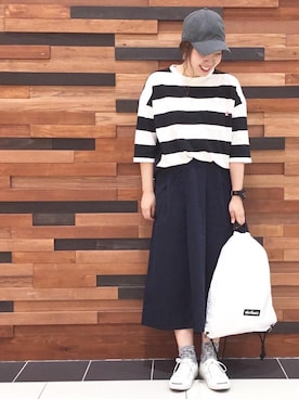 「coen（コーエン）の【新色登場・大人気・追加生産】USAコットンワイドボーダーカットソー（Tシャツ/カットソー、ブラック系）」を使った、coen  あんどうさん（レディース・163cm）の夏コーディネート