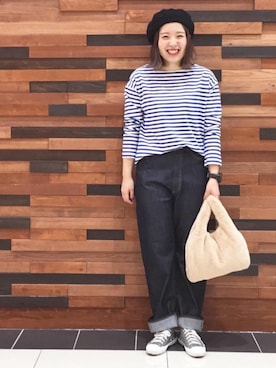 「coen（コーエン）のエコファーショッパーバッグ(ライトグレー / ダークブラウン ⇒ WEB限定カラー）（トートバッグ、ベージュ系）」を使った、coen  あんどうさん（レディース・163cm）の夏コーディネート