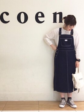 「coen（コーエン）の【2018SS新作 Sサイズ】coen2WAYロゴトートバッグ（トートバッグ、ホワイト系）」を使った、coen  あんどうさん（レディース・163cm）の夏コーディネート