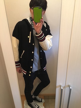「FRAPBOIS（フラボア）のアイテム（スタジャン）」を使った、もっちりさん（メンズ・179cm）の冬コーディネート